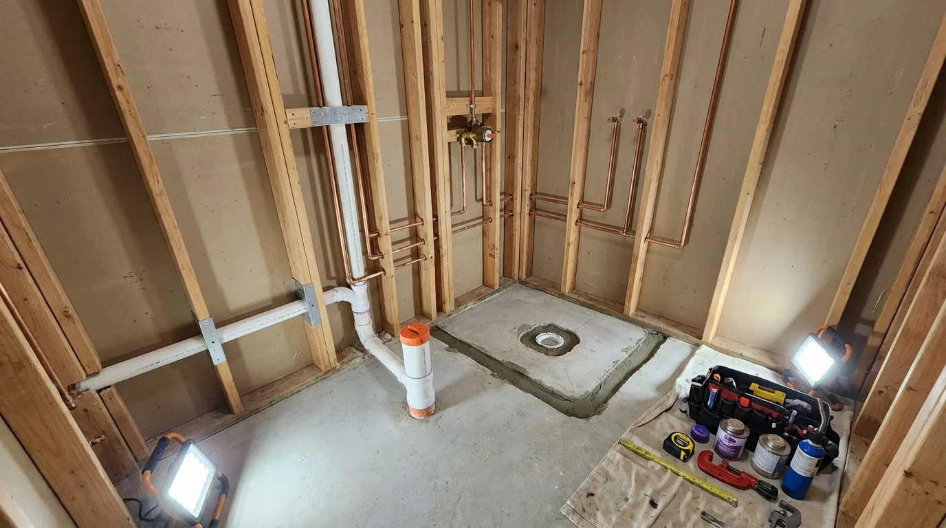 Bathroom rough-in plumbing during remodel by Johns Plumbing LLC in Oroville