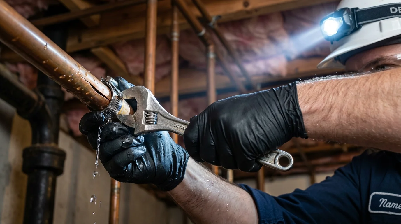 Emergency pipe clamp repair being performed by a Johns Plumbing LLC plumber in Oroville