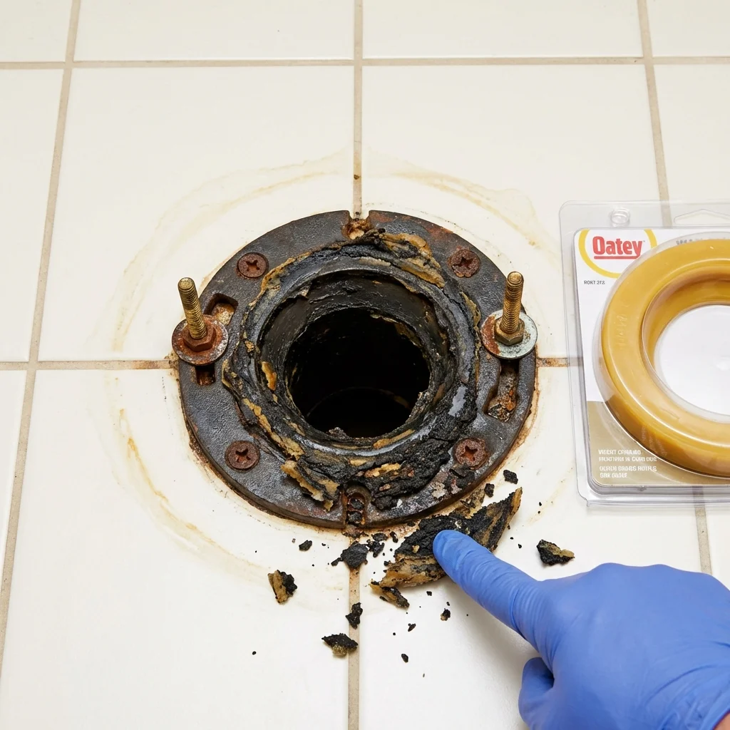 Failed wax ring showing water seepage at the base of a toilet in a Oroville, CA home
